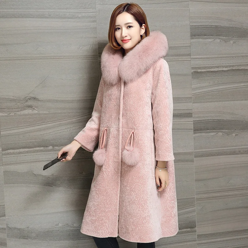 Real fur coat women winter sheep shearing fur pink coat natural fox fur ...