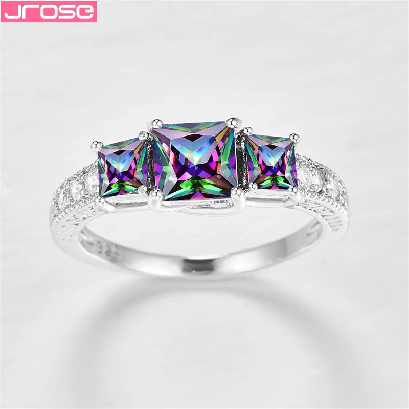JROSE Роскошные 3 геометрические радужные циркониевые серебряные женские Кольца Bijoux для свадьбы обручальные кольца для женщин ювелирные изделия Anillos Mujer