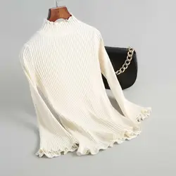 J138 новая женская мода ткань края рукав «фонарик» сплошной цвет сладкий свитер дамы тонкая талия свитера зимний дно трикотажные топы