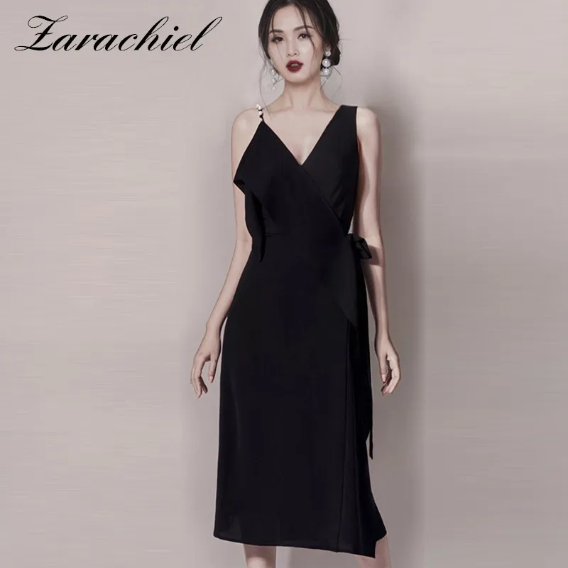 

Sexy Surplice Neck Spaghetti Strap Dress 2019 Summer Fit Flare Black Draped Women Sleeveless V-Neck V-Back Lace-up Party Dress