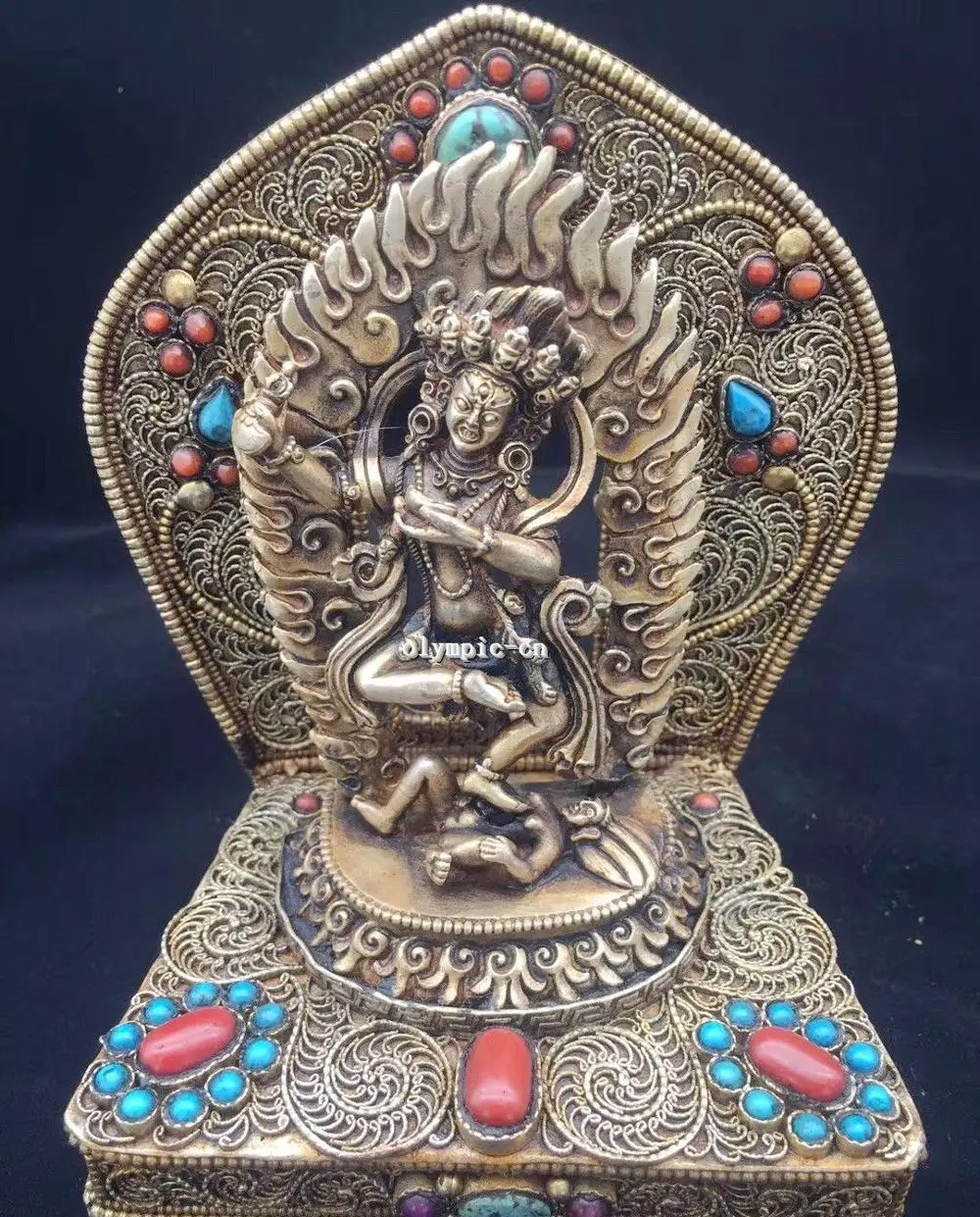 Tibet handicraft silver filigree inlay Gem Turquoise Karma Kagyu