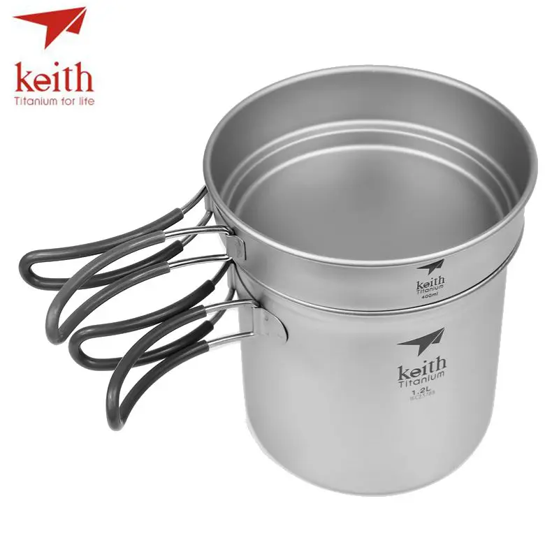 Keith 2 In1 titanio 400 ml Pan 1.2L conjunto olla mango plegable Cook Set ultraligero Camping Picnic utensilios de cocina utensilio ti6013