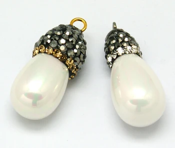 

10pcs Shell Pearl Drop Pendants Plated Brass Rhinestone Findings White 21x10mm For DIY Jewelry Making Necklaces Handicrafts