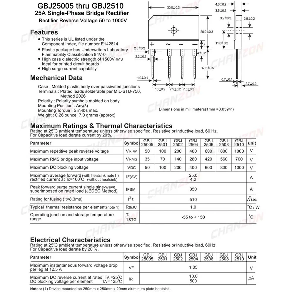 5 Pcs GBJ2510 Bridge Rectifier Diode 25A 1000V GBJ-4 SIP-4 GBJ 2510 Single Phase Full Wave 25 Amp 1000 Volt 2510 Silicon