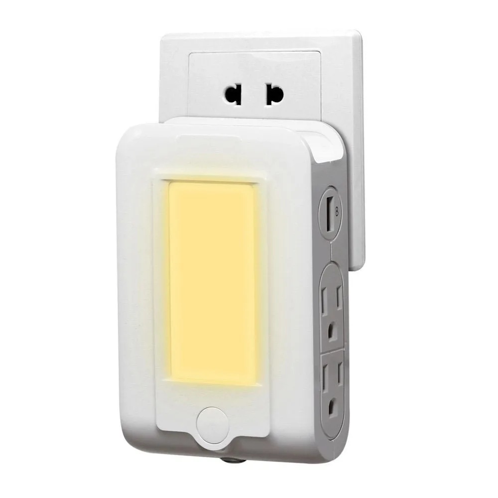 LED Sensor Night Light With Wall Mount Charger 4 AC Outlet Dual USB Charging Ports Warm Lights