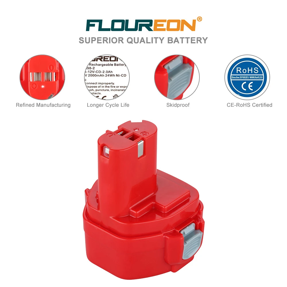 FLOUREON 12V 2.0Ah Ni-CD Замена батареи для MAKITA 1050D, 1050DA, 1050DRA, 1050DWA, 1050DWD, 5093DWD, 5093DZ, 5093D