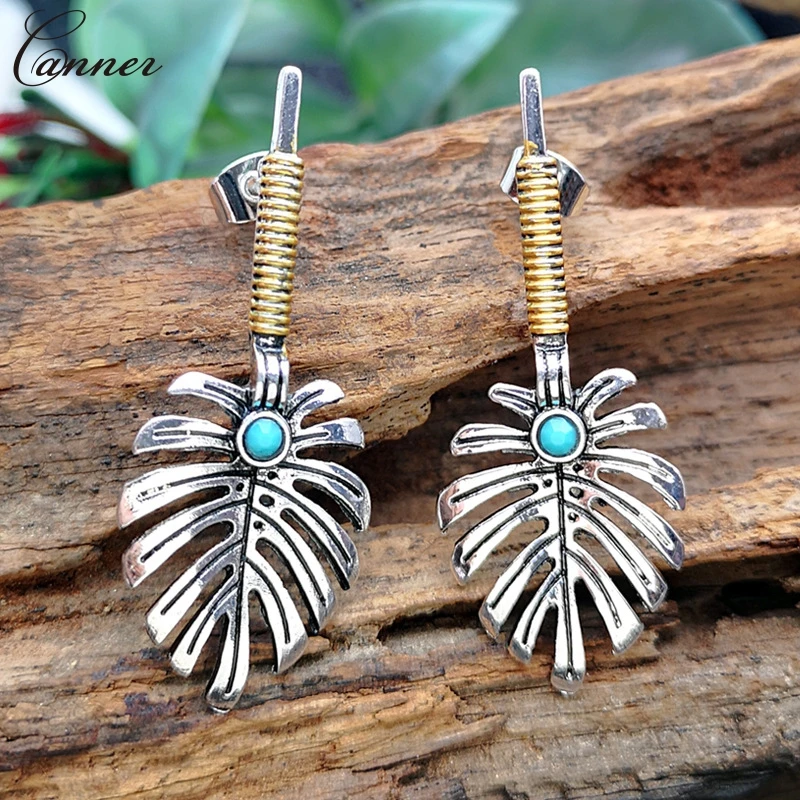 Female Dangle Earings for Women Antique Silver Color Leaf Drop Earrings 2019 Vintage Green Stone Earrings Bohemian Jewelry Q45