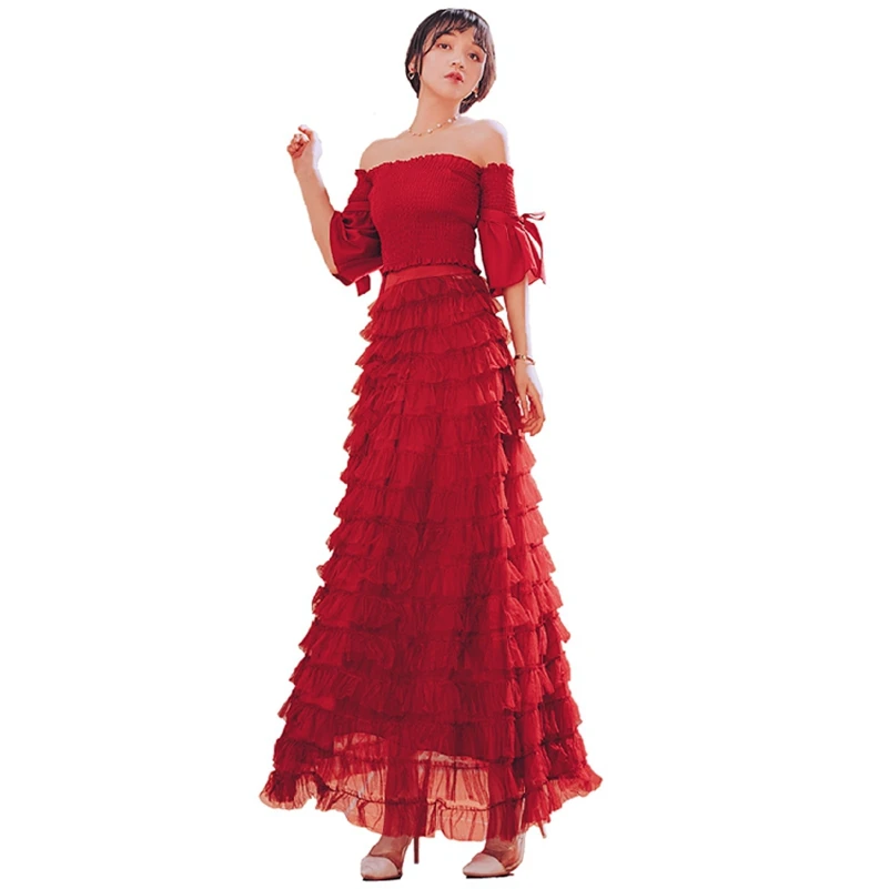 

SexeMara fashion The New Tube top Bell sleeve Ruffle cake dress Free shipping