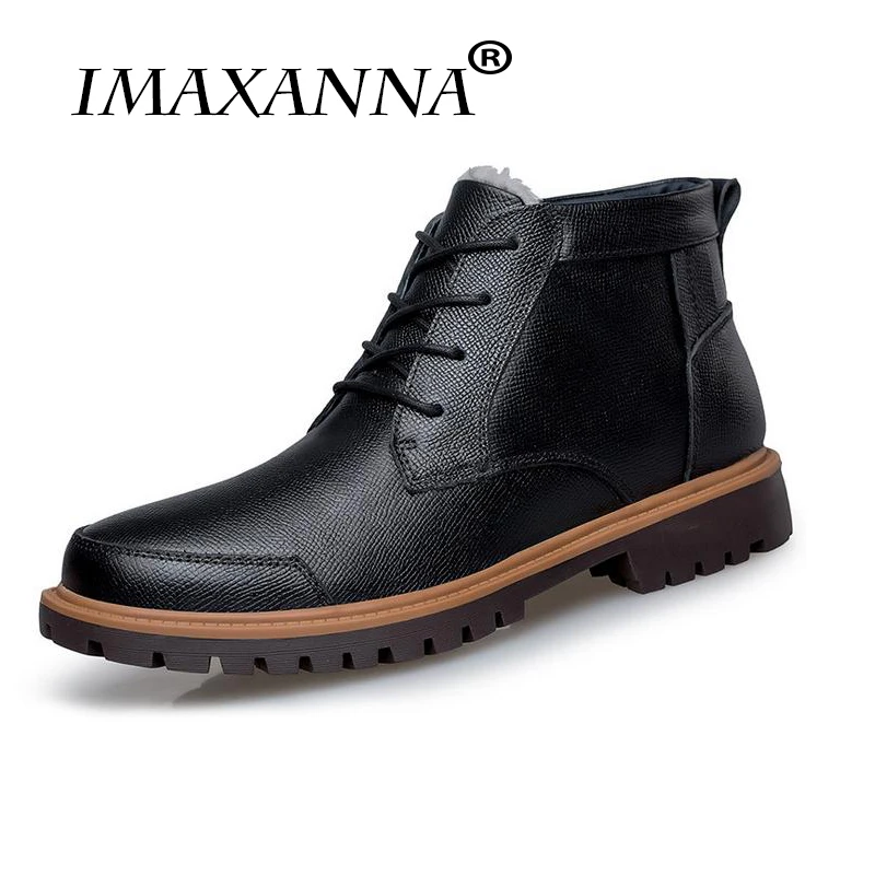 

IMAXANNA Fashion Genuine Leather Men Boots Ankle Boots Winter Warm Waterproof Lace Up Dress Shoes Black Man Basic Boots