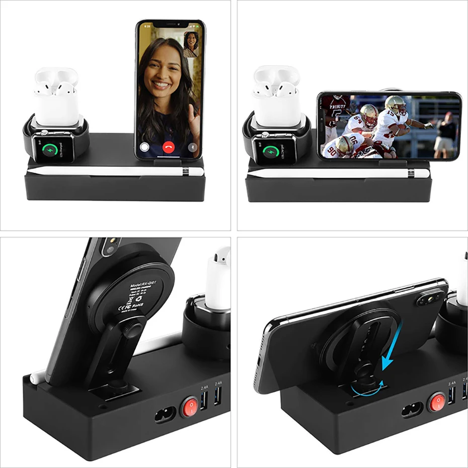Multi Function Nightstand QI Wireless Charger For Iphone Samsung Charger Stand For Airpods Apple Watch USB Charger Dock Station (2)