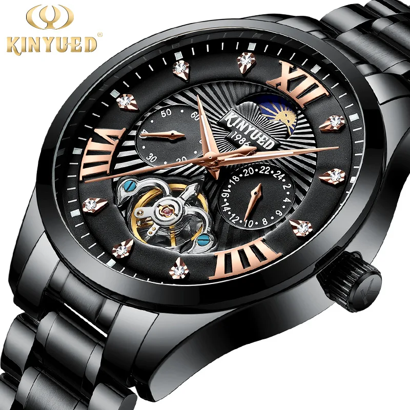 

KINYUED Top New Men's Mechanical Automatic Hollow Wristwatch Stainless Steel Watches Calendar Luminous Tourbillon Luxury Clock