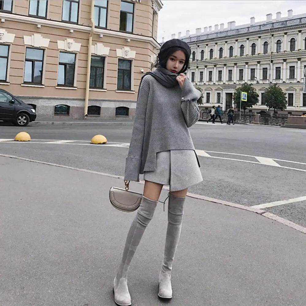 2018 AUTUMN Winter 2 Pieces Sweater Dress Set Women Long Sleeve Office Wear Casual Gray Pullover Knitted Dresses Clothing Suit