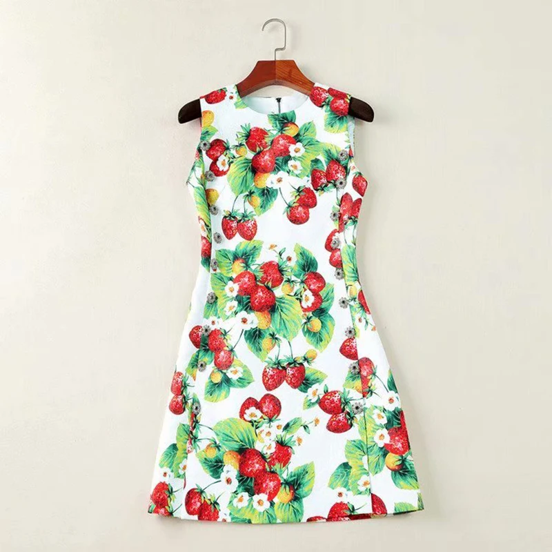 

HIGH QUALITY Newest 2019 Runway Dress Women's Sleeveless Strawberry Print Tank Dress