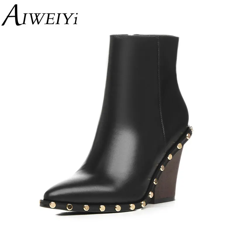 

AIWEIYi Women Genuine Leather Boots Platform High Heel Ankle Boots Rivets Soft Leather Boots Winter Pointed Toe Shoes Woman