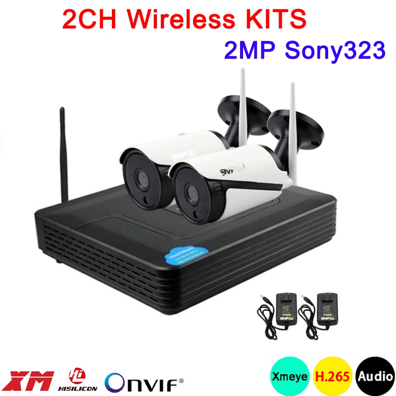 

1080P 2MP Sony323 36pcs Infrared Xmeye APP Waterproof HD H.265 25fps 2CH 2 Channel WIFI Wireless IP Camera kits Free Shipping
