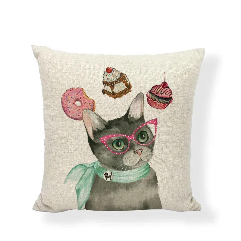 Lovely Kitten Headshot Cushion Cover Personality Hat Fun Bow-Knot Donut Ice Cream Simple Warm Style Pillowcase Home Decoration