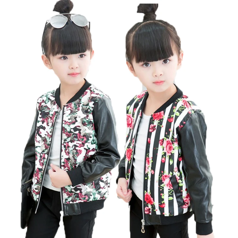 

girls spring autumn jacket fashion pu Coats o-neck long sleeve printing flower Camouflage girls outwear girls clothes 3-9
