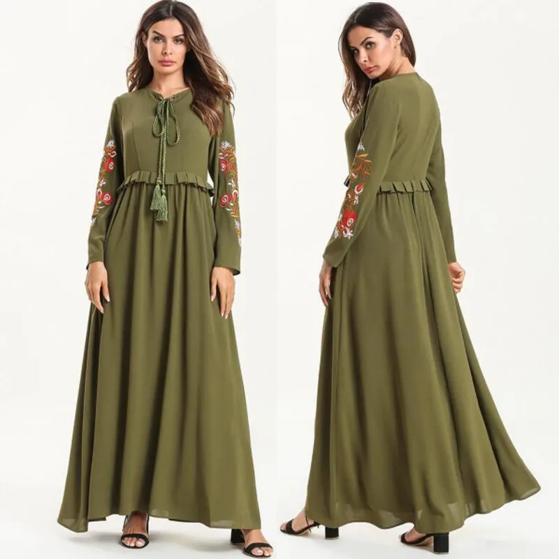 

M-4XL Plus Size Muslim Fashion Dresses 2019 Summer Long Sleeve Splice Maxi Dress Muslim Loose Middle East Robe for Women