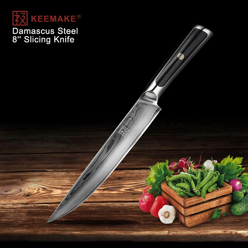 

KEEMAKE Professional 8" Slicing Knife Damascus Japanese VG10 Core Steel Blade Kitchen Knives G10 Handle Meat Fruit Cooking Tools