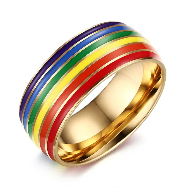 Luxury Rainbow Titanium Ring Gold Plate Stainless Steel Rings For Women Men LGBT Lovers Jewelry Drop Shipping Homosexual Bagues