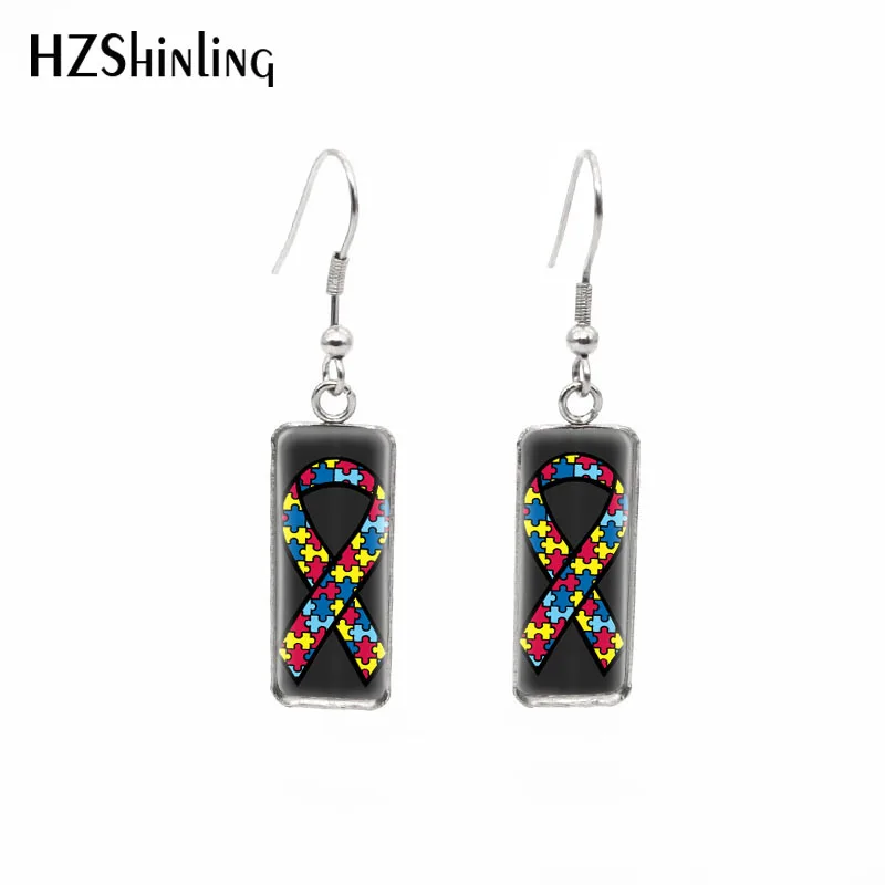

2019 New Autism Awareness Rectangular Earring Glass Dome Square Fish Hook Earring Handmade Photo Jewelry
