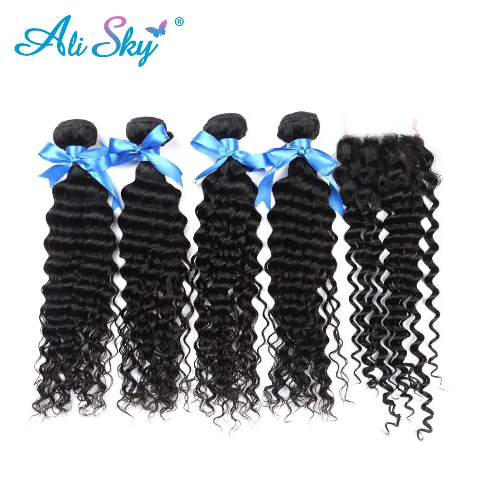 Ali Sky Hair Indian Deep Curly 4 Bundles With Closure Non-emy Hair 5 Pcs/lot Extension Weave Human Hair Bundles With Closure