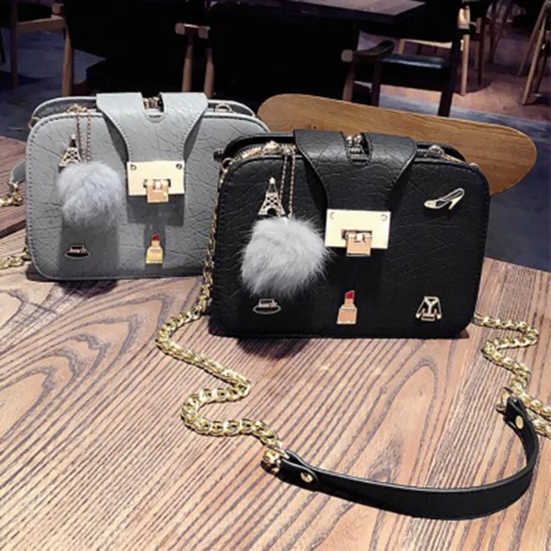

hot new small square bag trend shoulder bag fashion casual fur ball ornaments handbags chain clip bag shoulder Messenger bag
