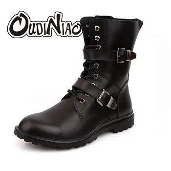 

OUDINIAO Classic Split Leather Pointed Toe Warm Plush Ankle Men Boots Buckle Lace Up Designer Fashion Winter Boots Men Big Size