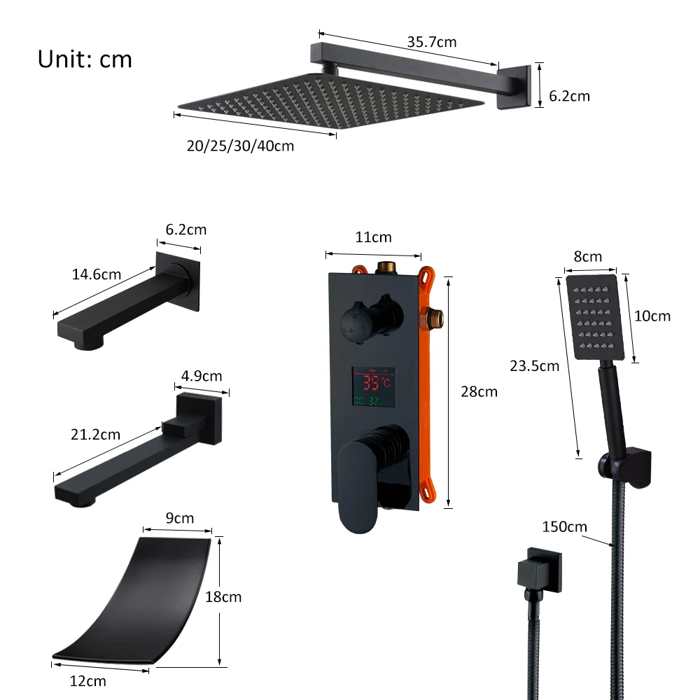  Matte Black LED Digital Display Shower Faucet Set Rain Waterfall Black Bathtub Shower System LCD Di