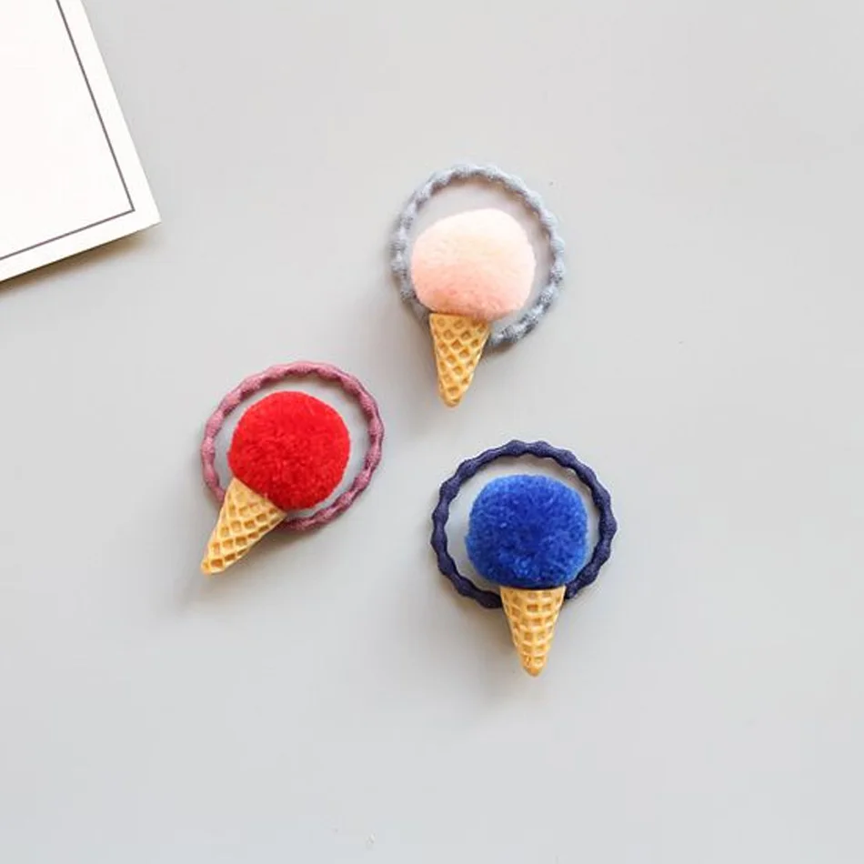 Girls Ice Cream Fluffy Pompom Elastic Hair Ties Seamless Ponytail Holder Rope
