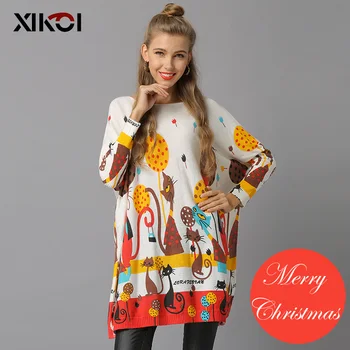 

XIKOI Christmas Women Long Sweater Pullovers O-Neck Knitted Casual Regular Sweaters Print Pull Femme Winter Pullover Coat