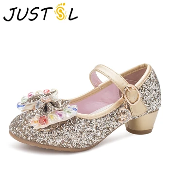 

Spring 2018 Girls high-heeled sandals children sequin party bow shoes kids princess sandals baby performance shoes size 26-36