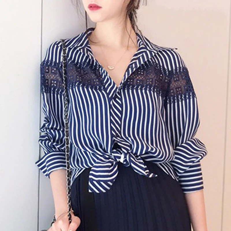 

2019 New Women Striped Lace Patchwork Blouse Long Sleeve Casual Shirt Top