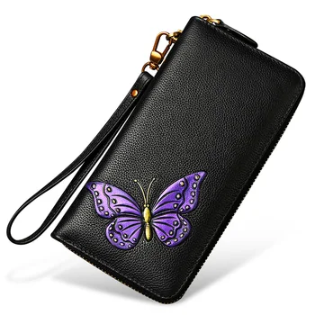 

Genuine Leather Women Wallet Portemonnee Luxury Butterfly Purse Fashion Flower Clutch Bag Female Long Wallet Carteras Mujer