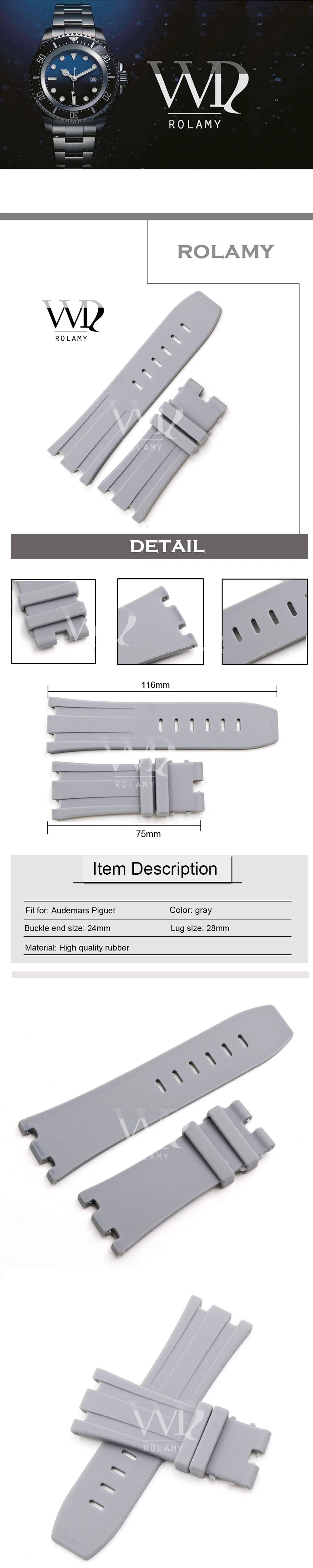 Rolamy 28mm Wholesale Grey Waterproof Silicone Rubber Replacement Wrist Watch Band Strap Belt