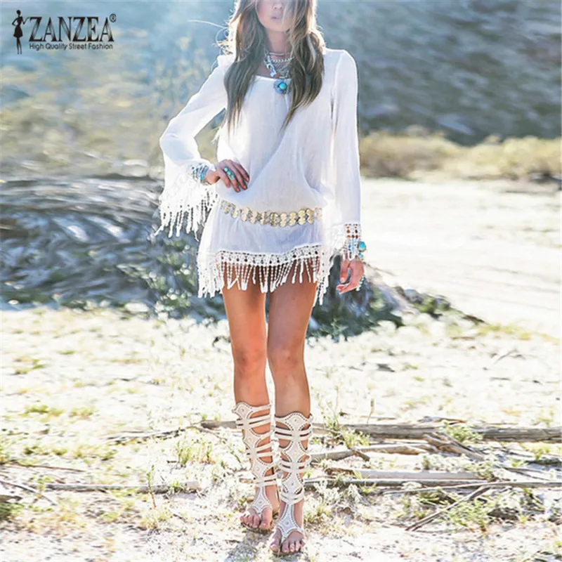 Zanzea 2019 الصيف النساء الشاطئ مصغرة قصيرة الأبيض اللباس أنيقة يا الرقبة الدانتيل شرابة الجوف خارج الصلبة الشاطئ اللباس Vestidos تونك Zanzea 2019 الصيف النساء الشاطئ مصغرة قصيرة الأبيض اللباس أنيقة يا الرقبة الدانتيل شرابة الجوف خارج الصلبة الشاطئ اللباس Vestidos تونك