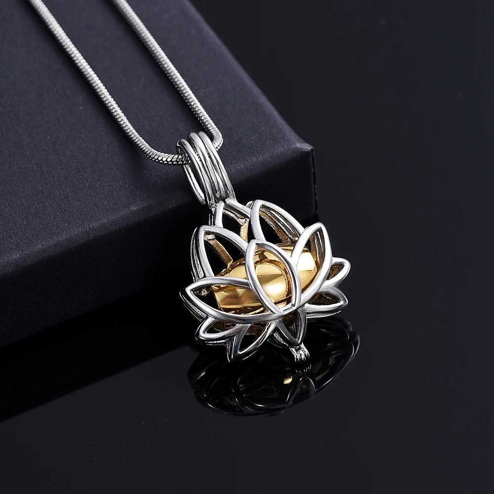 IJD20001 Stainless Steel Lotus Flower Keepsake Locket Hold Gold Color Mini Urn for Loved One's Sharing Ashes Cremation Jewelry