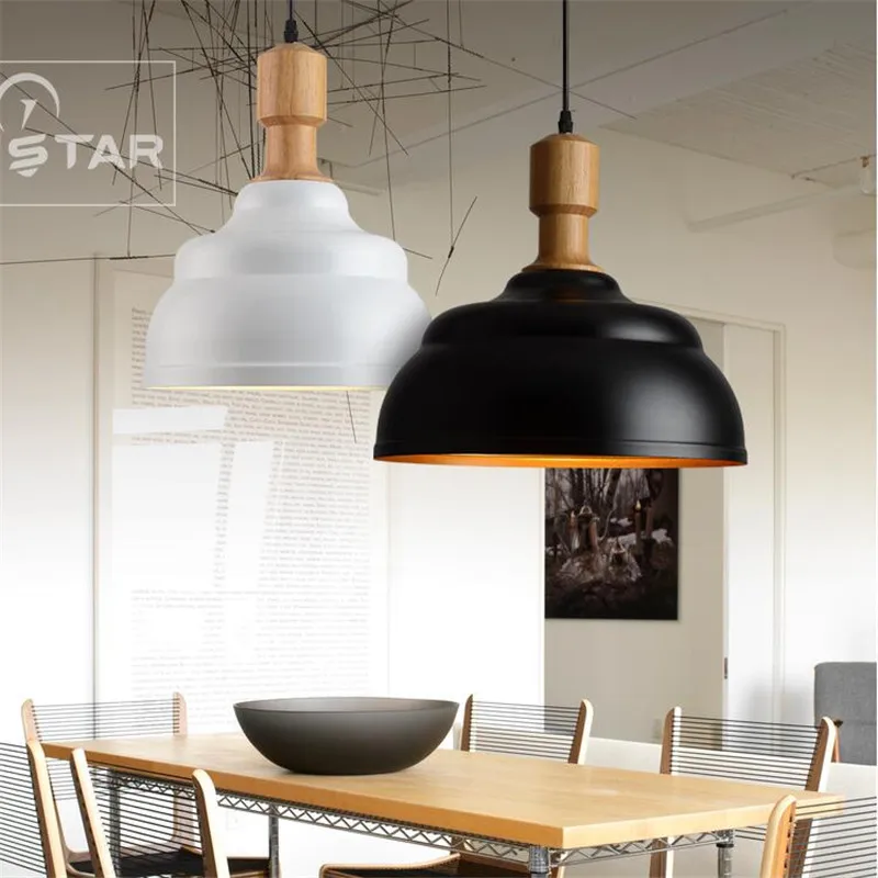 Modern Europe Brief Black White Iron Wood Led E27 font b Pendant b font Light for