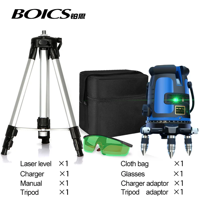 

Boics 4V1H 5 lines 6 points green/red laser level 360 degree rotary Self leveling cross laser line level with outdoor mode