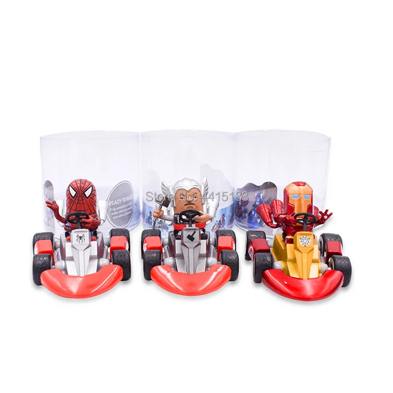 6 Styles Western Animiation Kart Pull Back Car Iron Man Superman Captain Thor Hulk PVC Action Figure Doll Collectible Model Toy 