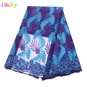 

cheap Lace Fabric blue and purple african nigerian tulle lace embroidered french net Lace Fabric For Dress 5Yards