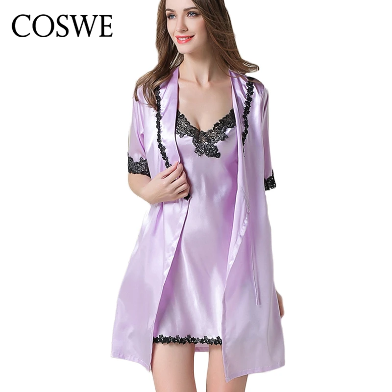 COSWE Womens Silk Robes Sets Lace Robe Set For Women Bathrobe Suit Sexy Nightgown Female