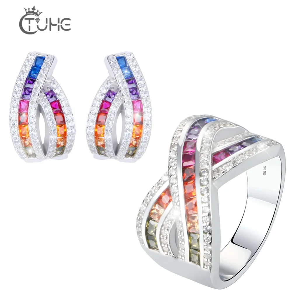 2019 новый дизайн серебряного цвета Радужный CZ Кольцо Комплект сережек для женщин S925 Стерлинговое серебро крест женский ювелирный набор Свад... 2019 новый дизайн серебряного цвета Радужный CZ Кольцо Комплект сережек для женщин S925 Стерлинговое серебро крест женский ювелирный набор Свад...