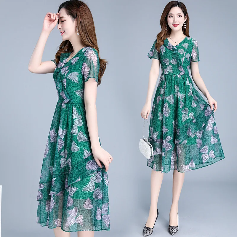 

Summer Fashion Women V Neck Printed Slim A-word Casual Large Size Dress