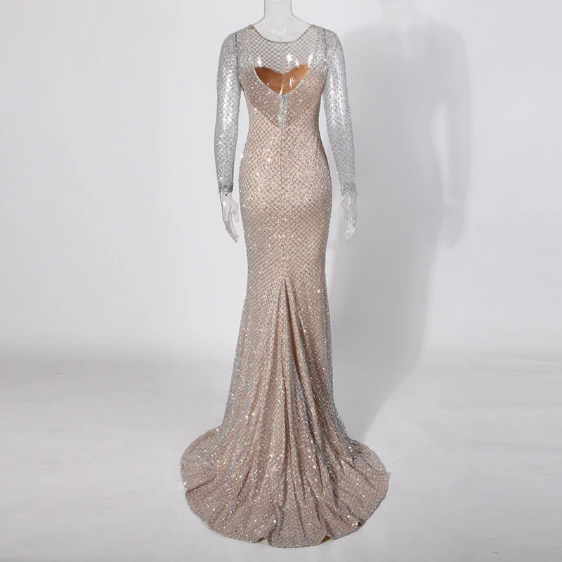 Silver Gold Plaid O Neck Party Maxi Dresses Bodycon Glitter Hollow Out Full Sleeved Floor Length Elegant Night Club Dress