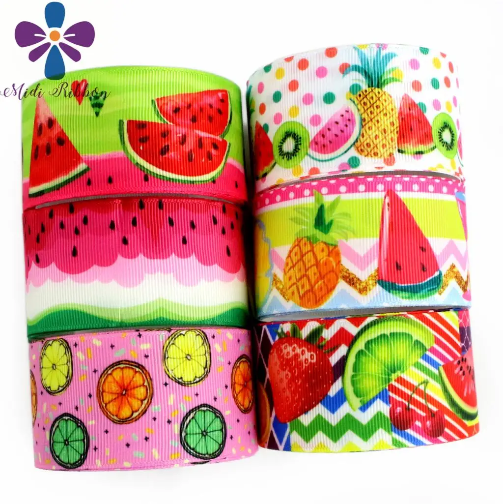 

16mm-75mm Fruits Series Watermelon Lemon Pineapple Shiny Waves Printed Grosgrain/Elastic Ribbon DIY Gift Bowknot 50yards/roll