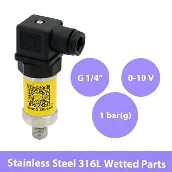 

0 10V pressure sensor, 12-30V supply, 100 KPa 1 bar gauge, G1/4", 0.5% accuracy, stainless steel 316L wetted parts, low cost