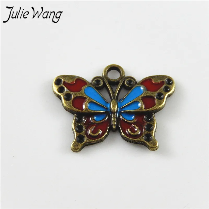 

Julie Wang 10pcs Antique Bronze With Stunning Blue+Red Enamel Alloy Base Butterfly Shape Pendant Charms DIY Personalized Jewelry