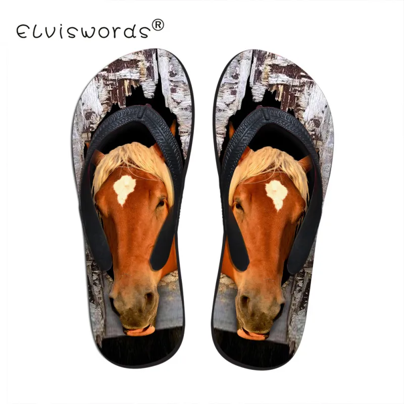 ELVISWORD 3D Horse Printing Flip Flop Women Animals Summer Rubber