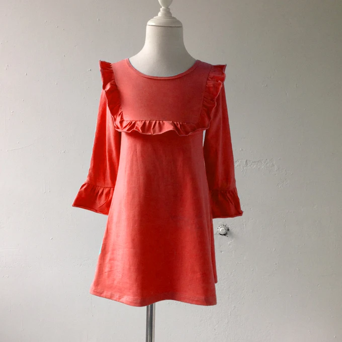 

High Quality Cheap Wholesale baby girl knit cotton Frock Design long ruffle flare sleeve candy color
